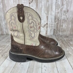 Justin Gypsy Western Cowboy Boots Brown‎ Leather Cream Embroidered Womens